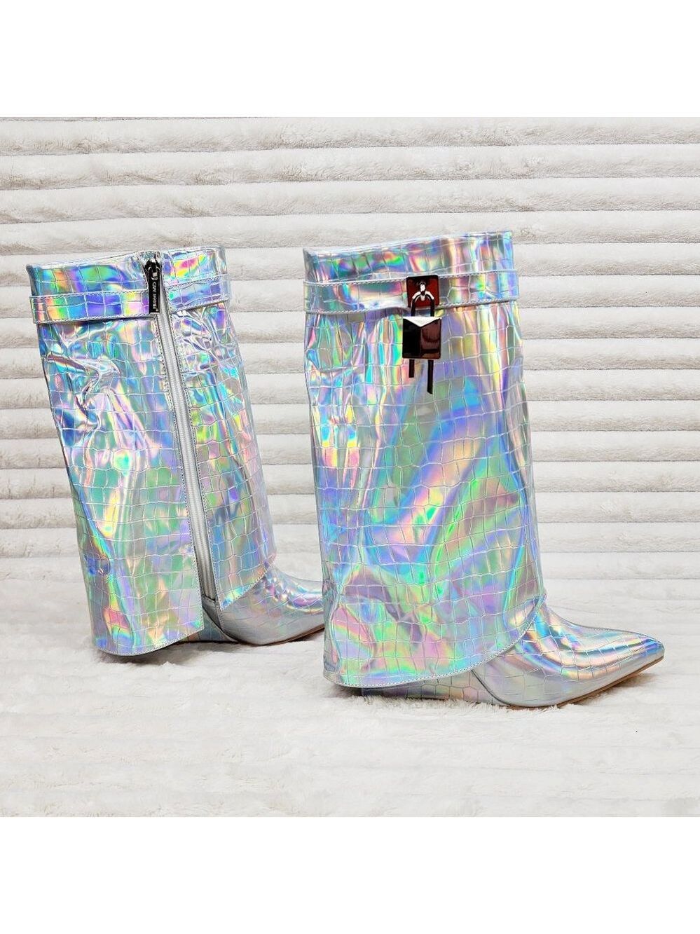 What A Vision Silver Hologram Wedge Heel Fold Over Skirted Ankle Boots